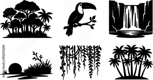 Silhouette tropical nature icon set toucan waterfall island palms hanging vines sunset close up vector art collection detailed simple natural