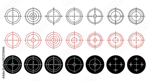 Multiple crosshair target designs in gray, red, and black variations for graphic resources.