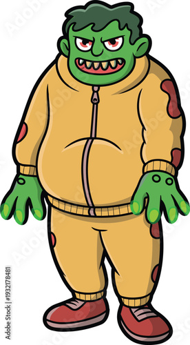 Cartoon monster character with green face, glowing fingertips, red eyes, sharp teeth, tan tracksuit, red patches, stylized villain design for fantasy, horror, and creative stock themes