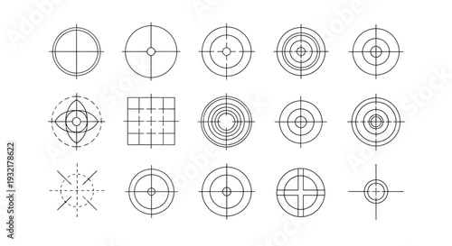 Collection of target reticle patterns featuring concentric circles, crosshairs, and grid motifs for graphic design and technical illustrations.