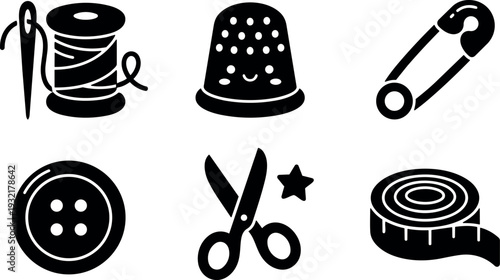 Flat design sewing icons close up spool thimble safety pin button scissors measuring tape black silhouette on white minimal background