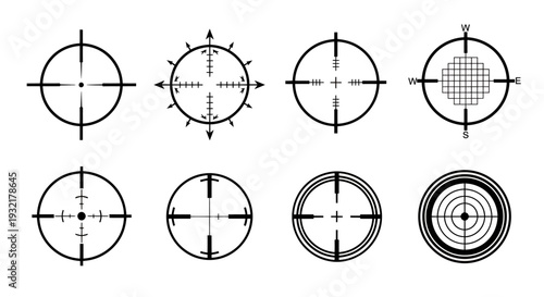 Collection of circular crosshair reticles and bullseye targets in various concentric patterns.