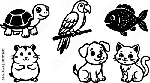 Cartoon line art adorable pet icons turtle parrot fish hamster puppy kitten sitting smiling simple vector set outline collection cute