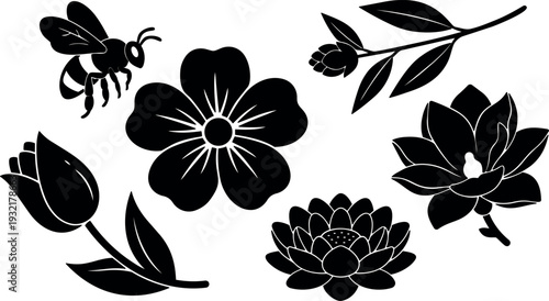 Flat vector silhouette floral elements bee and leaves isolated black icons set close up composition top view single color minimal