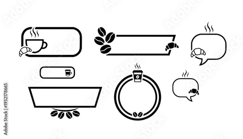 Collection of empty cafe text box templates and blank coffee menu frame banners. Features hot mugs, beans, and croissants for bakery graphic designs