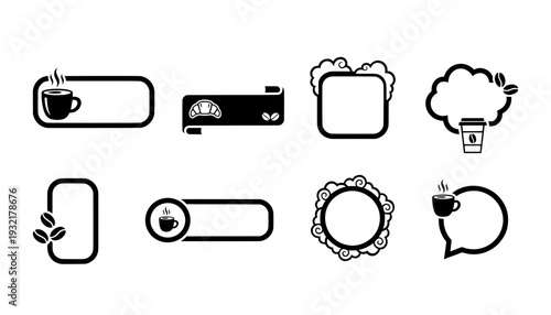 Set of empty cafe menu banners and blank coffee text box frames. Features hot mugs, beans, and croissants for shop graphic designs or quote borders