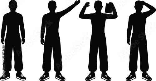 Man silhouette gestures set, male character standing with different hand signals including greeting reading thinking poses vector illustration