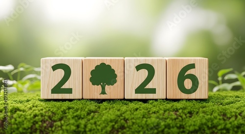 Eco friendly wooden blocks displaying the year 2026 with tree symbol