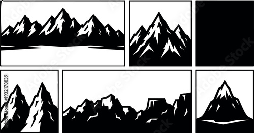 Line art panoramic mountain panels vector set showing black silhouette peaks in framed rectangles with stark high contrast bold composition