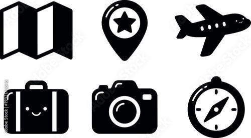 Flat design travel icon set map pin airplane camera suitcase compass simple black silhouettes for web and print app