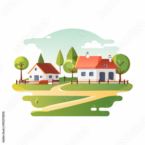 Charming rural village illustration featuring traditional houses nestled in a peaceful green landscape with trees and a winding path