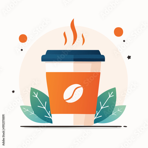 Steaming hot coffee in a disposable cup with a distinctive coffee bean logo, perfect for a morning boost or a relaxing break