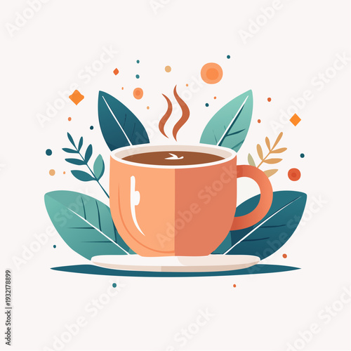 Warm Steaming Coffee Cup Illustration Nestled Among Lush Botanical Elements and Abstract Shapes for a Cozy Beverage Moment
