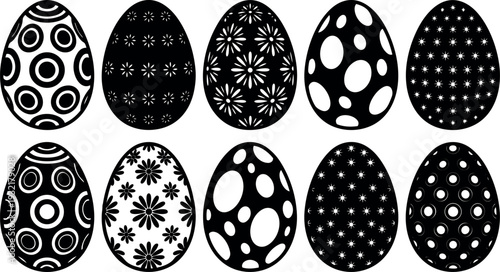 Flat design illustrated easter eggs set with varied black and white patterns arranged in horizontal repeat composition festive vector collection