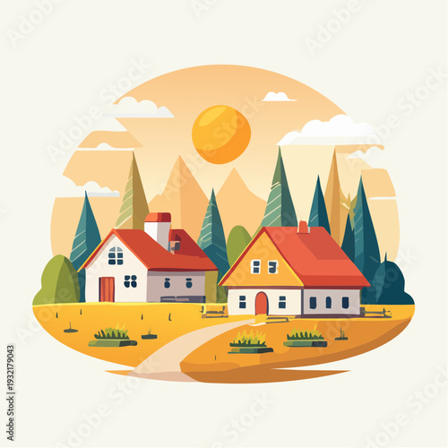 Charming countryside houses bathed in the warm glow of a setting sun