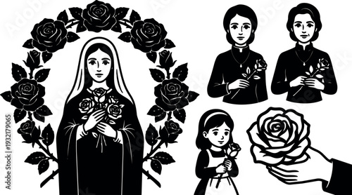Tattoo flash virgin mary with rose wreath holding sacred heart and rosary two children devotional icon black line art vector