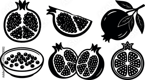 Flat design silhouette pomegranate set with slices seeds and leaves arranged in botanical composition close up vector art black ink