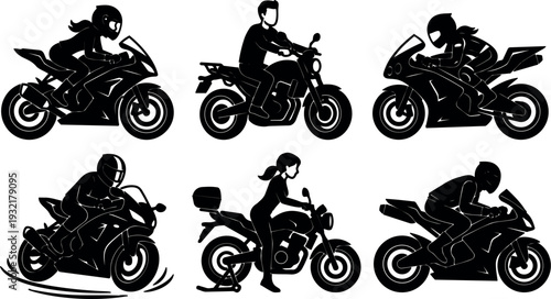 Silhouette vector motorcycle riders set six dynamic side view poses with sport touring cruiser and cafe racer styles black motion