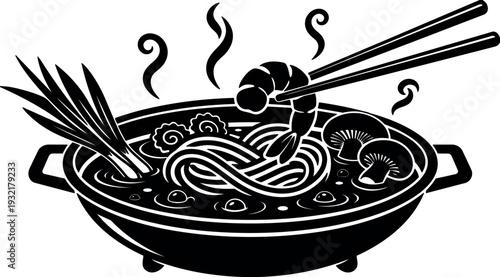 Line art close up bowl of ramen with shrimp and noodles held by chopsticks in steaming asian food scene illustration
