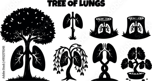 Flat design silhouette frontal tree with integrated human lungs forming ecological breathing concept black vector art for awareness environmental health