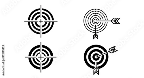 Set of four stylized bullseye targets with arrows featuring concentric rings and bold black silhouettes.