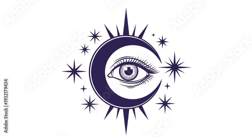 Mystical crescent moon with an all seeing eye and surrounding stars