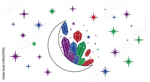 Crescent moon adorned with colorful crystals and sparkling starfield