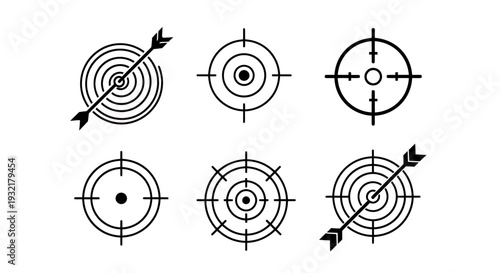 Collection of target practice targets and crosshair diagrams with arrows hitting bullseyes.