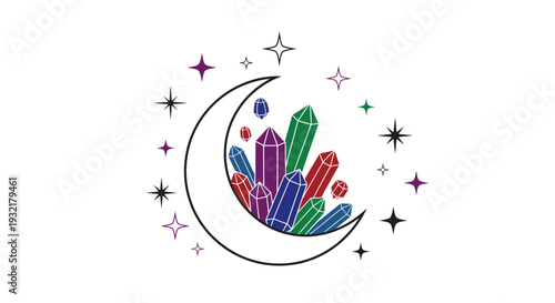 Mystical crescent moon design featuring vibrant crystals and sparkling stars