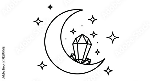 Crescent moon and crystal illustration with scattered sparkling stars
