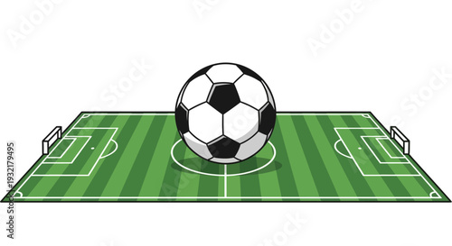 A soccer ball rests centrally on a green simplified football field