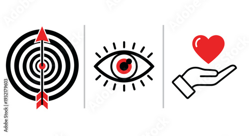 Graphic trio: target arrows, an eye, and a hand holding a heart as symbolic icons.