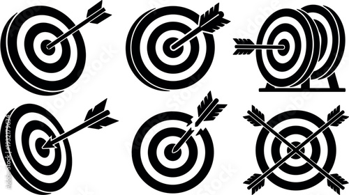 Flat design target icon set showing six black bullseye targets with arrows close up top view minimal vector silhouette symbols
