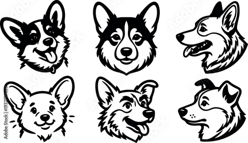 Line art corgi head set six black and white vector portraits various angles expressions playful profile three quarter front looking