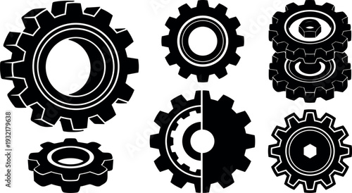 Flat design close up interlocking gear set silhouettes mechanical cogs arranged in industrial layout high contrast black white vector icon
