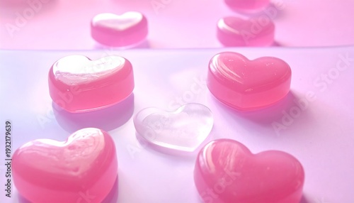 Pink and translucent heart-shaped objects scattered across a subtle gradient surface, soft lighting