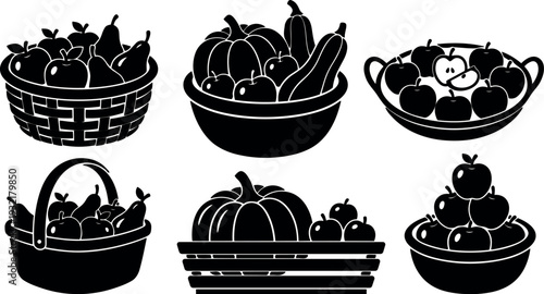Flat silhouette fruit basket vector set six bowls crates apples pumpkins grapes viewed from side and top in black icons