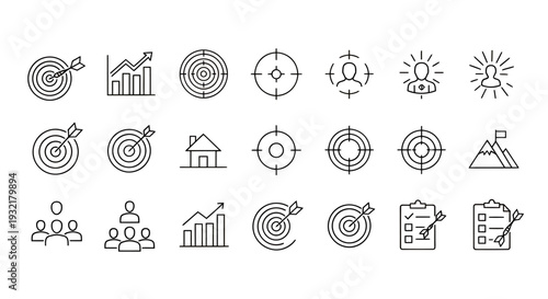 Collection of vector icons featuring targets graphs globe people and city symbols for graphic resources.