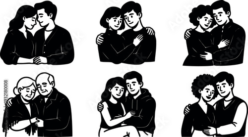 Monochrome vintage vector couples hugging six diverse pairs close embrace smiling looking at camera varied ages and styles intimate mood
