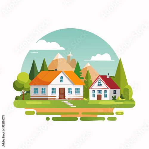 Charming suburban homes nestled in a picturesque landscape with rolling hills and trees