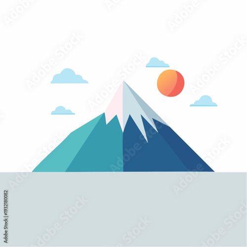 Snowy Mountain Peak Under a Sunny Sky with Clouds and a Vast Plain