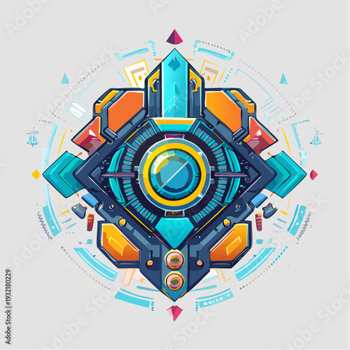 Dynamic Futuristic Abstract Geometric Emblem with Digital Interface Elements and Symmetrical Design