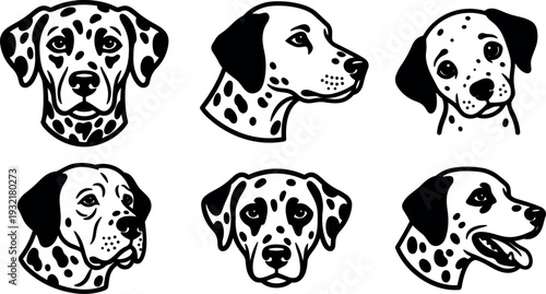 Line art dalmatian head icons six variations close up side view front view playful expression simple black and white vector