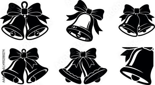 Vector icon set of six christmas bells with decorative bows various angles simple black silhouette holiday ornament clipart isolated flat