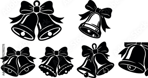 Flat silhouette vector set of decorative bells with bows various angles close up holiday christmas icon designs black ornamental vintage