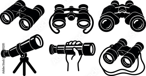 Flat design close up vintage binoculars modern binoculars and tripod telescope icons on white background isolated silhouette vector elements