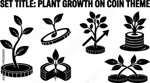 Flat design close up seedling sprouting from coin stack low angle financial growth icon set with eco mood black silhouette