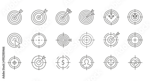 Collection of grey circular bullseye targets in various sizes and styles for design and branding.