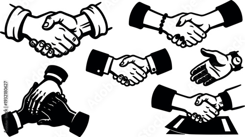 Line art sketch showing multiple handshakes in varied poses close up top view black ink vector illustration business casual greeting