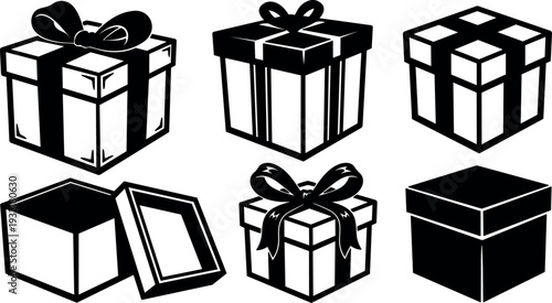 Flat design close up gift box icon set six variations including open lid ribbon tied and square silhouette vector collection